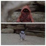 A hooded figure with glowing eyes, a Jawa, peaks out from behind the rocks and watch the droid continue further into the canyon. #starwars #anhwt #starwarstoycrew #jbscrew #blackdeathcrew #starwarstoypix #toyshelf